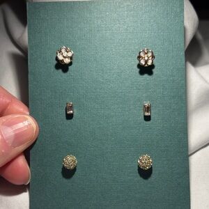 Gold Tone Milky & Clear Quartz Stud Earring Trio - Pearly White, Clear and Gold